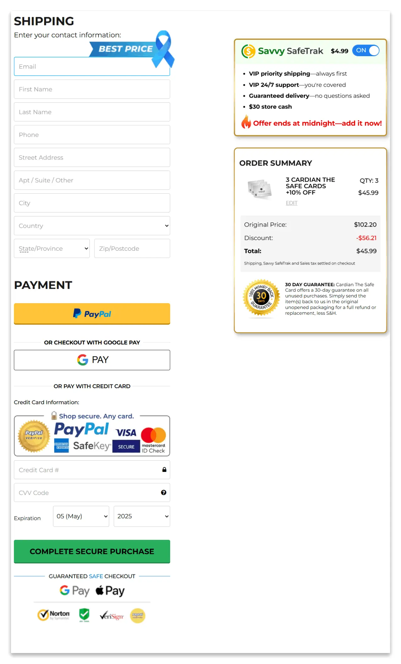 Safeguard Card secure checkout page